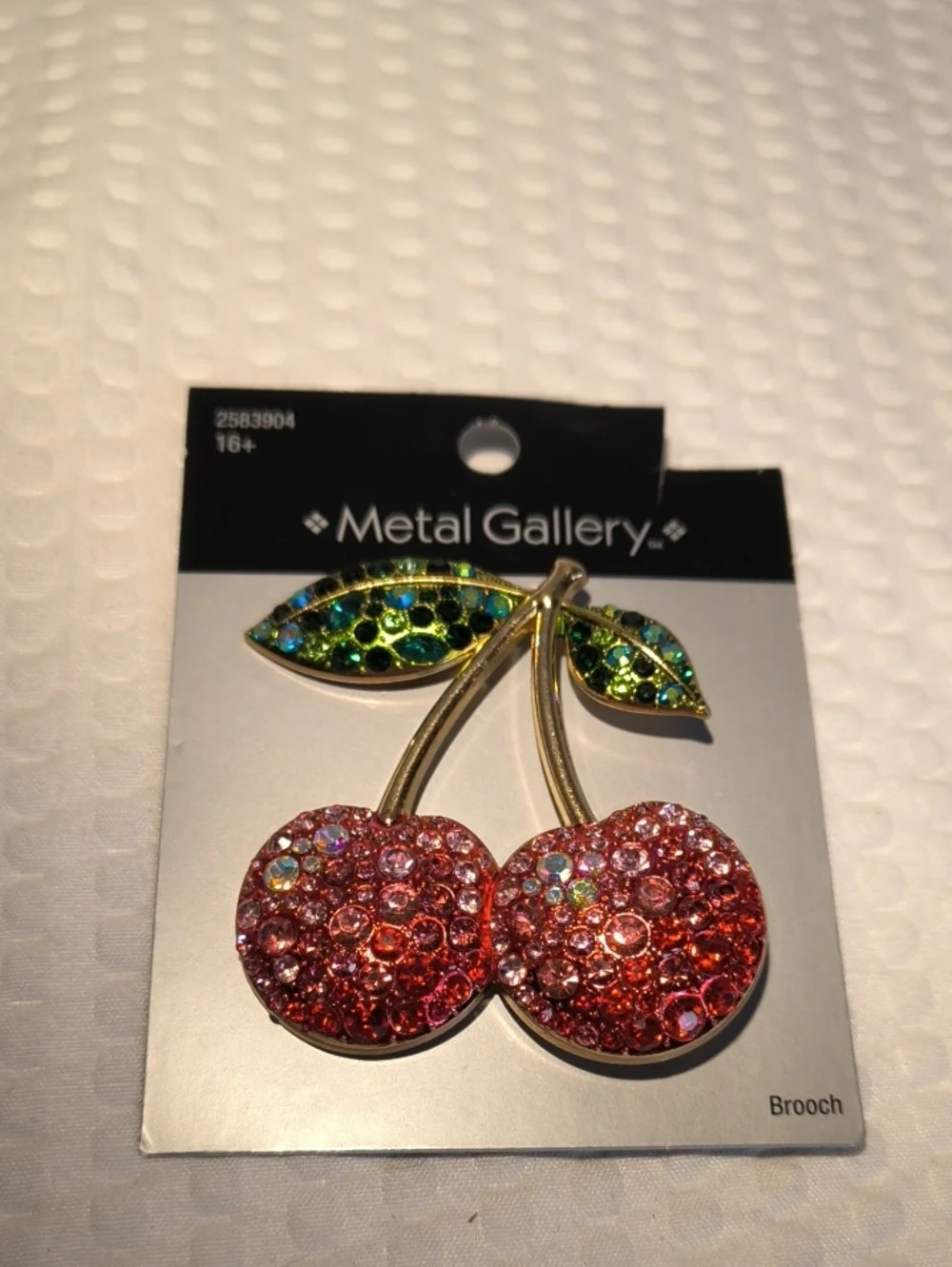 Metal Gallery Pink Red Ombre Crystal Cherry Brooch with Green Leaves